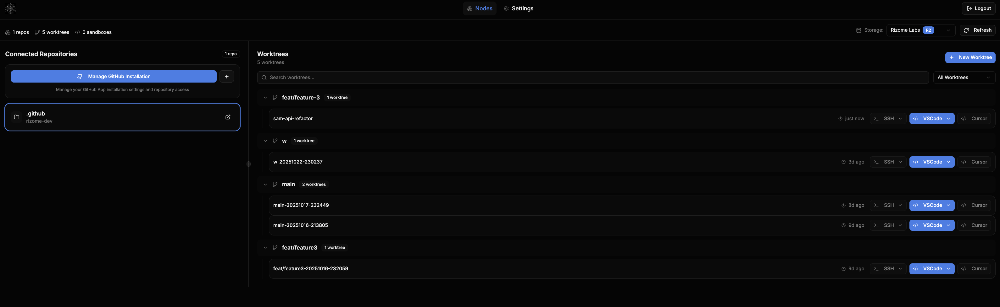 Rizome platform interface showing worktrees and sandboxes